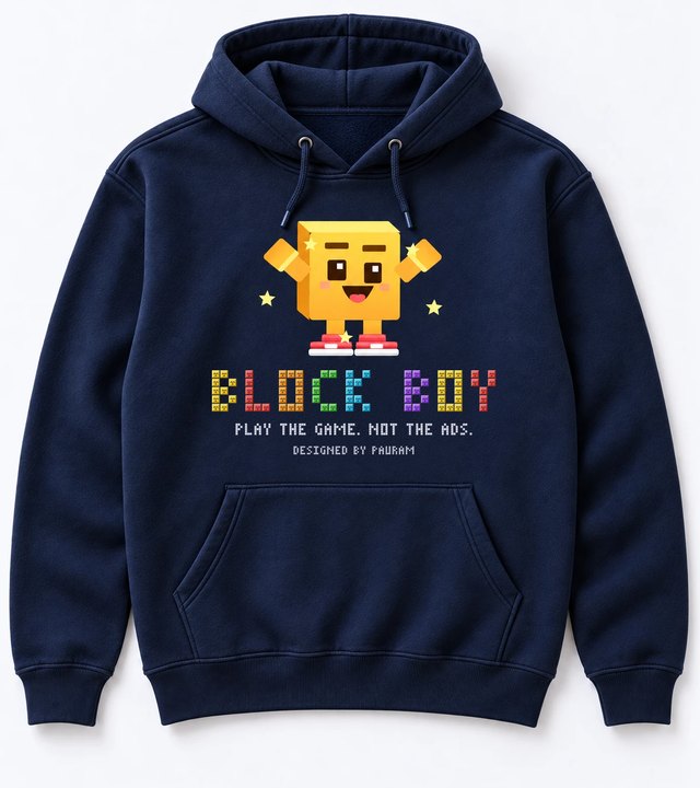 Navy hoodie with a cheering Block Boy above BLOCK BOY in game blocks