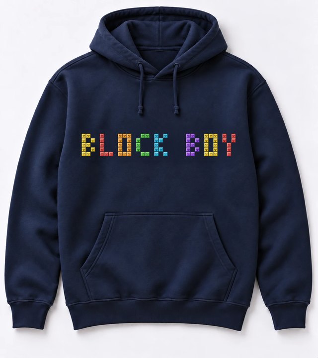 Navy hoodie with BLOCK BOY spelled across the chest in colorful game blocks