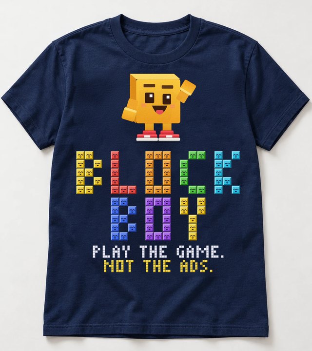 Navy tee with Block Boy waving above BLOCK BOY in colorful game blocks