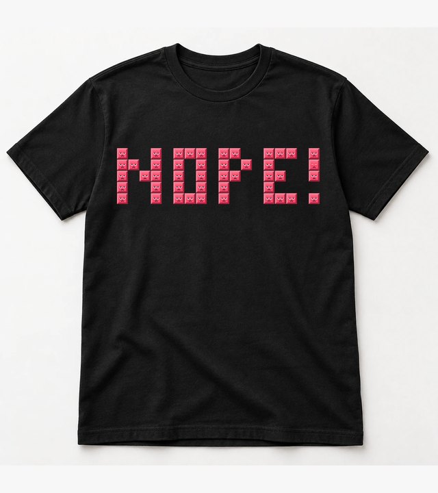 Black tee with NOPE! across the chest in red blocks with grumpy faces