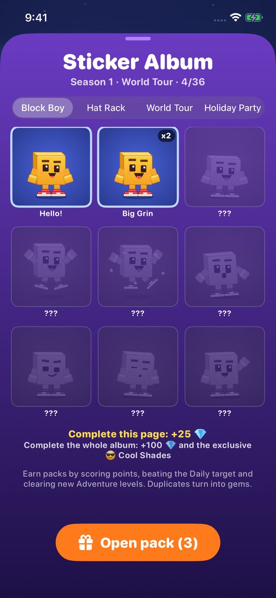 Sticker album page with Block Boy pose stickers