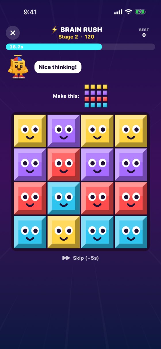 Brain Rush: a picture to match above a board of blocks