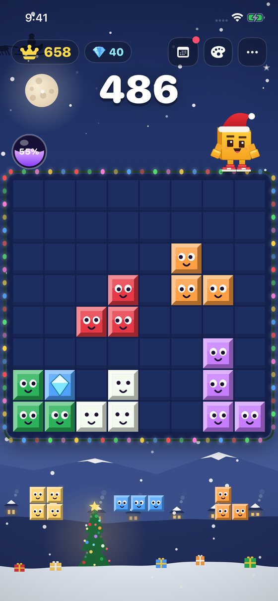 Block Boy in a Santa hat above the board in the Christmas Eve world