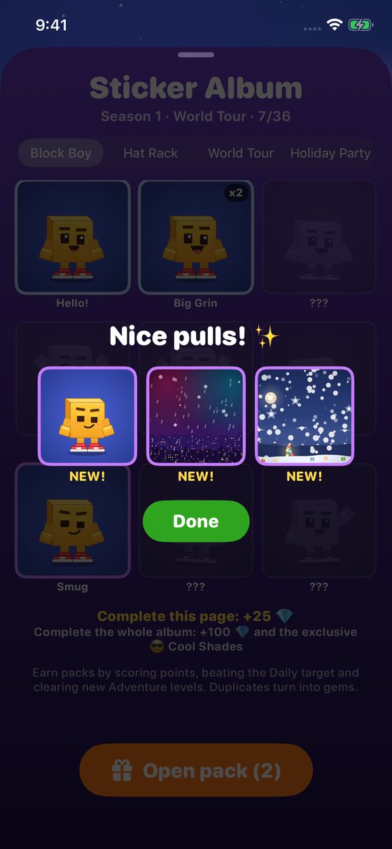 Opening a sticker pack with three new stickers