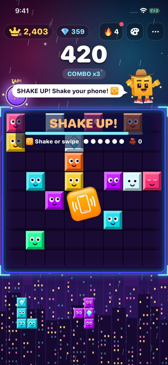 Shake Up bonus stage with blocks rattling and a shaking phone icon