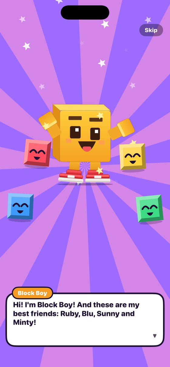 Story panel: Block Boy introduces his friends Ruby, Blu, Sunny and Minty