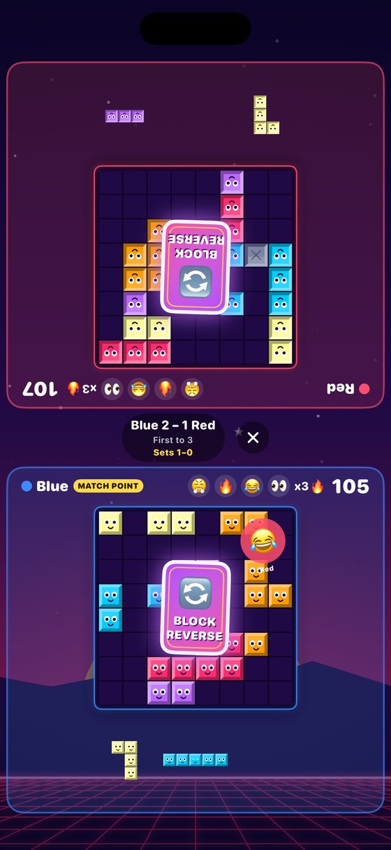 Versus mode, two boards face to face with the Block Reverse card